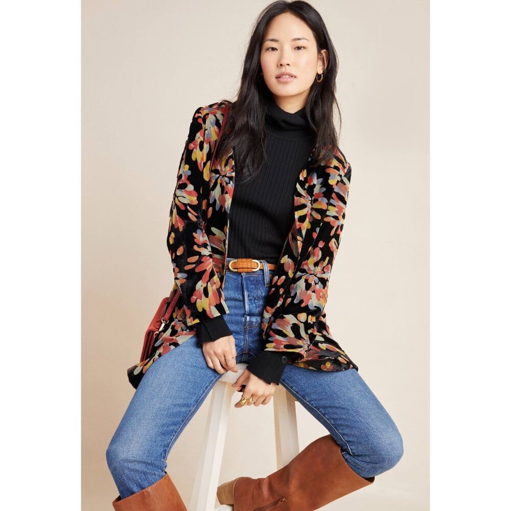 Eva Franco Anthropologie Floral Fireworks Black Car Coat Jacket